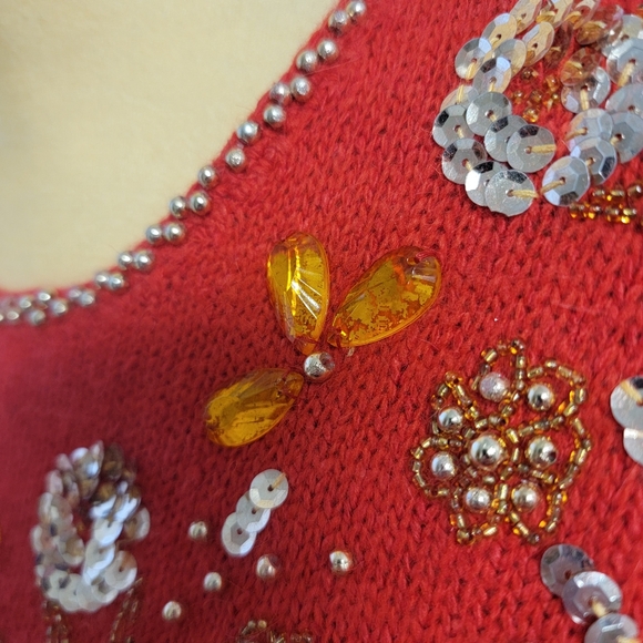 Vintage Angora Silk Blend Sweater Red Holiday Beaded Karen Scott Size Medium - Picture 3 of 15